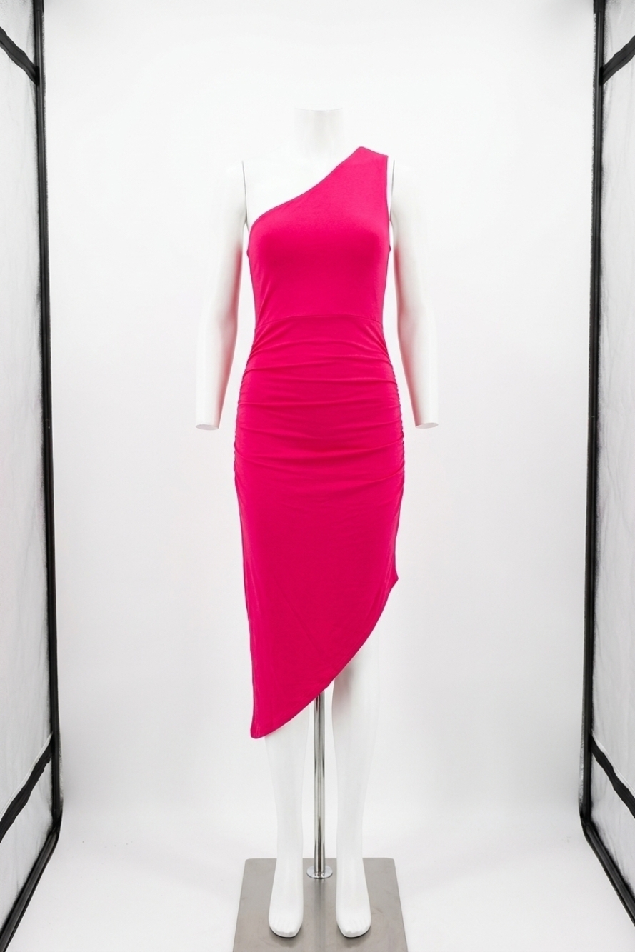 NEW ENTRO solid one-shoulder sleeveless midi dress in magenta